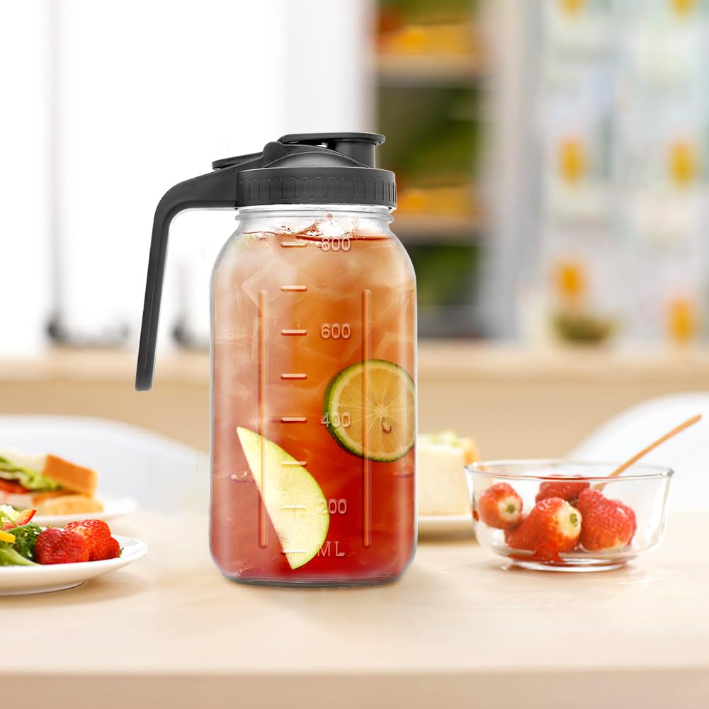 Jarra de vidrio de 32 onzas con boquilla de vertido y asa, jarra de boca ancha a prueba de fugas para café frío, té helado, jugo, limonada, té solar, bebidas de frutas, tapa hermética para