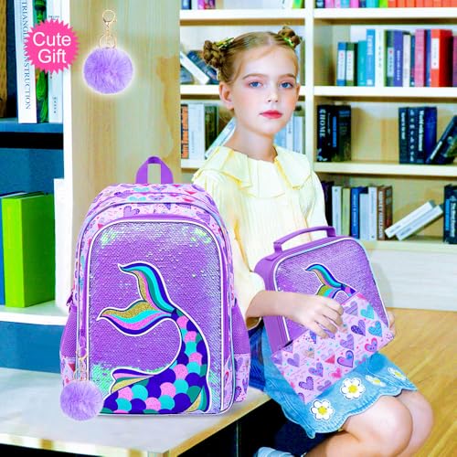 Image of CCJPX 16 inch Mermaid Backpack for Girls, 3Pcs Kids Sequin Bookbag with Lunch Box, Water Resistant Elementary School Bag for Kindergarten Preschool Toddler (Purple)