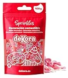dekora – Sprinkles de Azúcar en Forma de Corazón Rosa y Blanco, Decoración Comestible con Colorantes Naturales – Sin Gluten y Sin Lactosa – Ideal San Valentín – 100 g