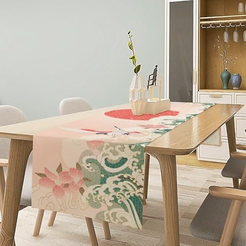 Image of Japanese Gold Crane Table Runner, Luxury Oriental Wave Pattern Table Decor for Dining Room Wedding Party Kitchen, Asian Art Tablecloth 13x120 Inch
