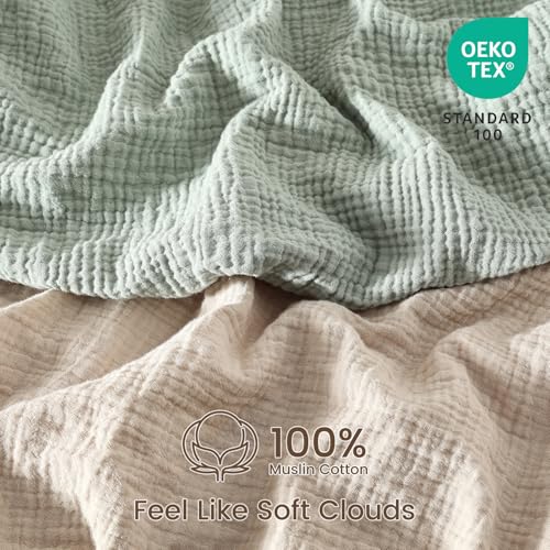 Image of david's kids Muslin Mini Crib Sheets, 2 Pack Cotton Pack N Play Sheets for Boys Girls Neutral, Soft Breathable Baby Sheets Fit Pack N Play, Playard and Mini Crib Mattresses, Oat Milk & Sage Green