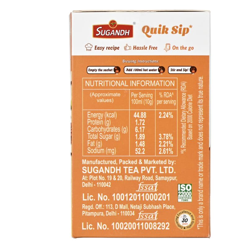 Image of Sugandh Quik Sip Instant Masala Chai Premix Extra Low Sugar (Pack of 2) - Single Serve Sachets - 2 Boxes of 10 Sachets each