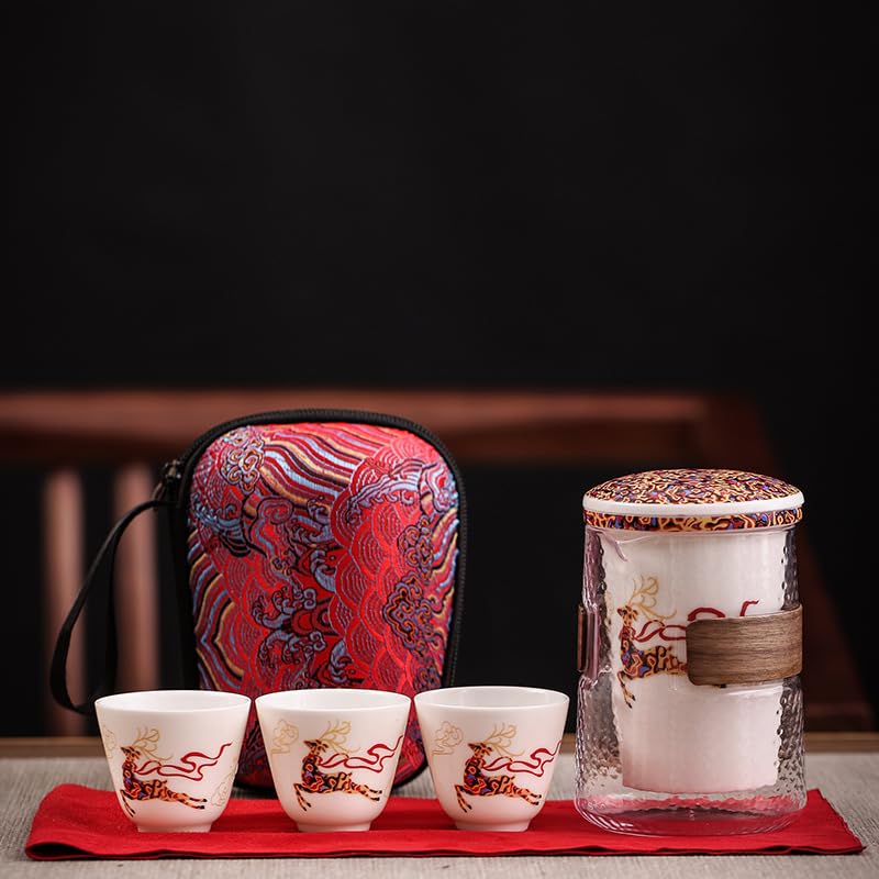 Service à thé de voyage en porcelaine de jade avec motif cerf et sac