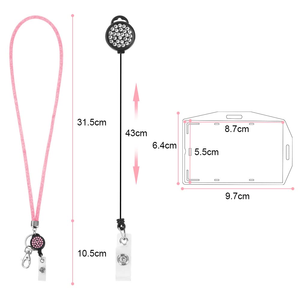 Vicloon Porta Badge Titulares con Cristal Cordon, Transparentes Portatarjetas de Identificación con Cristal Lanyard y Llavero Retráctil, Portatarjetas Colgante, para Tarjeta Tráfico Escuela-Rosa