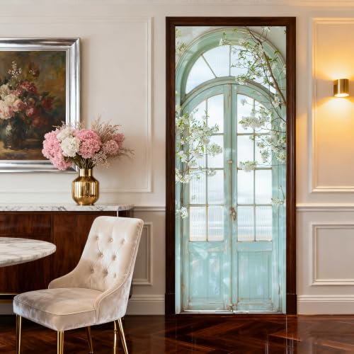Image of Nuxovilar Floral Door Stickers Peel Stick PVC 30.31x78.74 in Cover | Door Stickers Wall Decals Peel Stick Cover Vinyl Art Poster Nursery Studio Balcony (Pastel Floral)