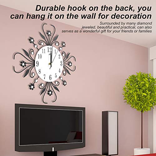 Diamond-studded Metal Needle Wall Clock, Modern Fashion Round Design Silver Diamond Flower - Image 3