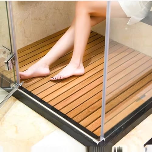 HOLGVE Alfombra de Baño Cuadrada Madera Teca, Plataforma Ducha Elevada Antideslizante, Acabado Aceite Teca for Bañera/Ducha Interior Exterior/SPA/Sauna/RV(23.6x23.6 in/60x60cm)