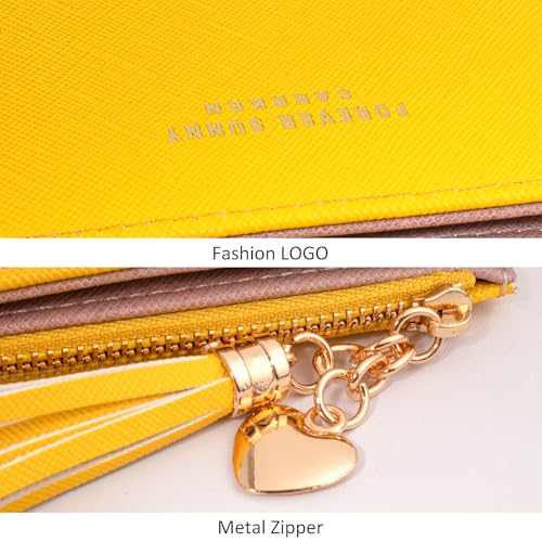 KOTORA Womens Small Wallet Girls Tiny Slim Wallets Pretty Mini Card Holder Thin Short Zip Coin Purse with Love Pendant and Tassels (Yellow)4