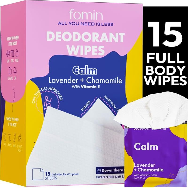 FOMIN Travel Deodorant Wipes - 15 Count - Calming Lavender and Chamomile - pH Balanced, Hypoallergenic Mini Deodorant Wipes For Women and Men - Plastic-Free, Individually Wrapped Underarm & Body Wipe