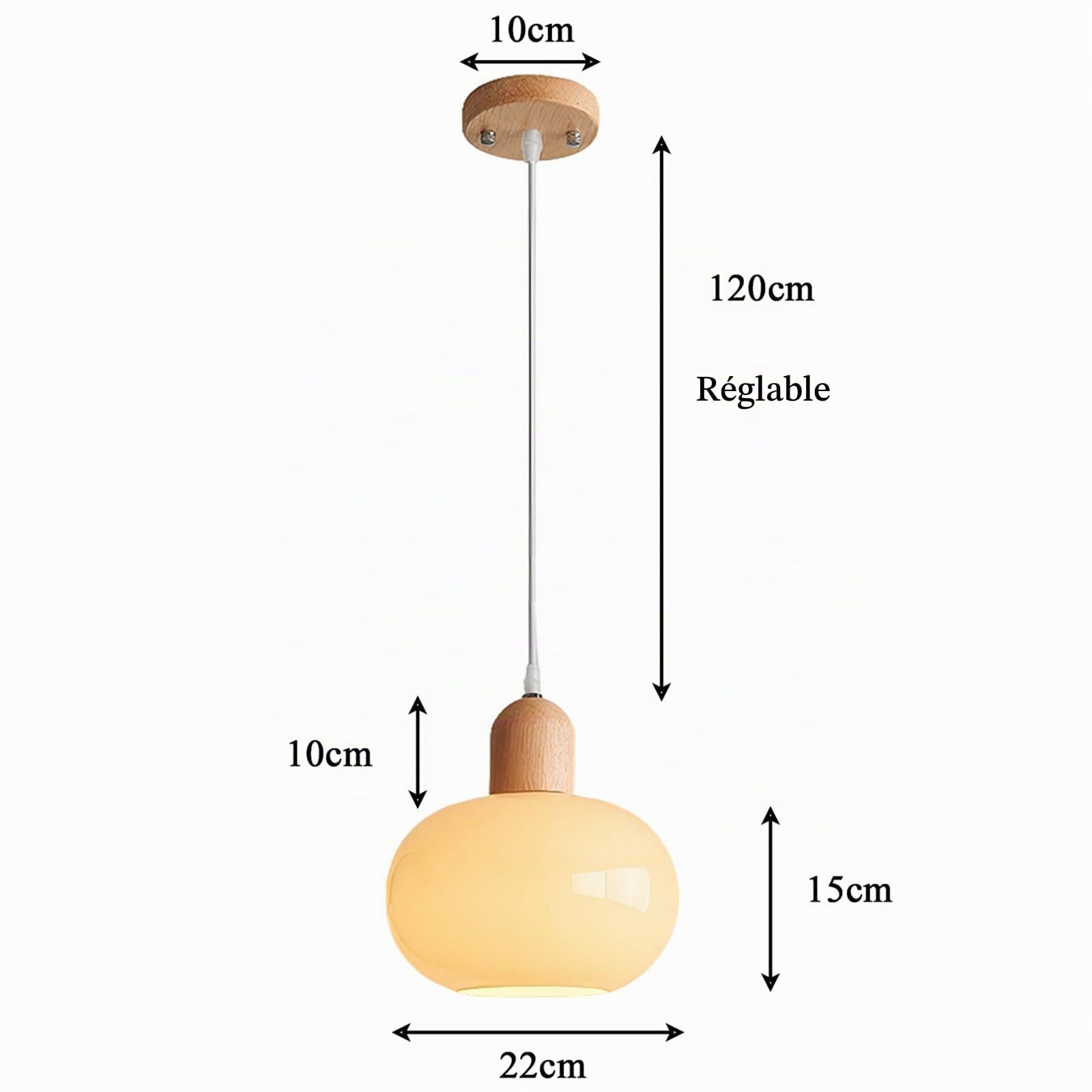 Suspension Luminaire Verre et Bois de Caoutchouc 20cm Style Moderne Scandinave E27 Lampe Suspendue Hauteur Réglable pour Chambre Salon Cuisine (22cm)