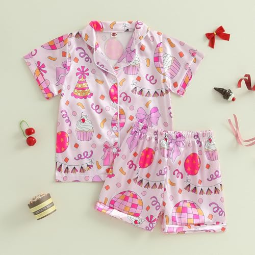 Kuriozud Birthday Girl Pajamas Silk Stain Pjs Shirt Tops+Shorts 2Piece Set Birthday Toddler Kids Little Girl Nightgown Gift2
