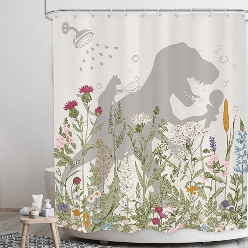 Image of Dinosaur Wildflower Kids Shower Curtain Bathroom Set 60Wx71H Inches Funny Dino Cute Cat Silhouette Floral Rustic Plant Leaves Botanical Bath Accessories Boy Art Home Decor Fabric 12 Pack Hooks