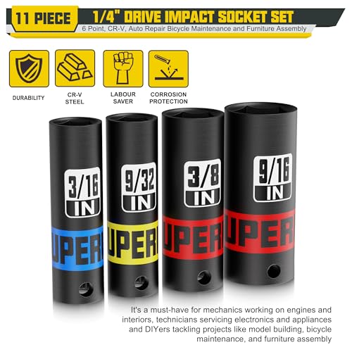 Image of 11 Piece 1 /4 inch Drive Impact Socket Set, 5 /32 inch - 9 /16 inch Deep Socket, SAE, 6 Point, CR-V, Auto Repair Bicycle Maintenance and Furniture Assembly