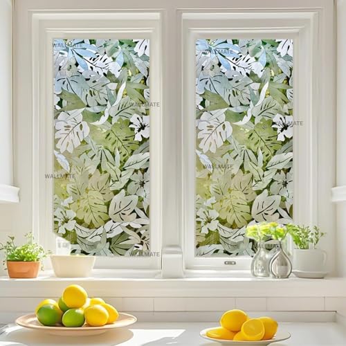 Image of WALLMATE Window Privacy Film Frosted Vinyl Glass Covering, UV Blocking, Non-Adhesive, No-Glue, for Bathroom Living Room Office,(24x100 Inch, Plam Leaf)
