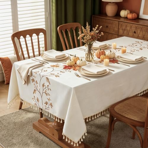 Image of Laolitou Rectangular Waterproof Cotton Linen Tablecloth for Dining Table Kitchen Farmhouse Style Wrinkle Free Table Cloth Beige Coffee Flower 55 x 70 Inch