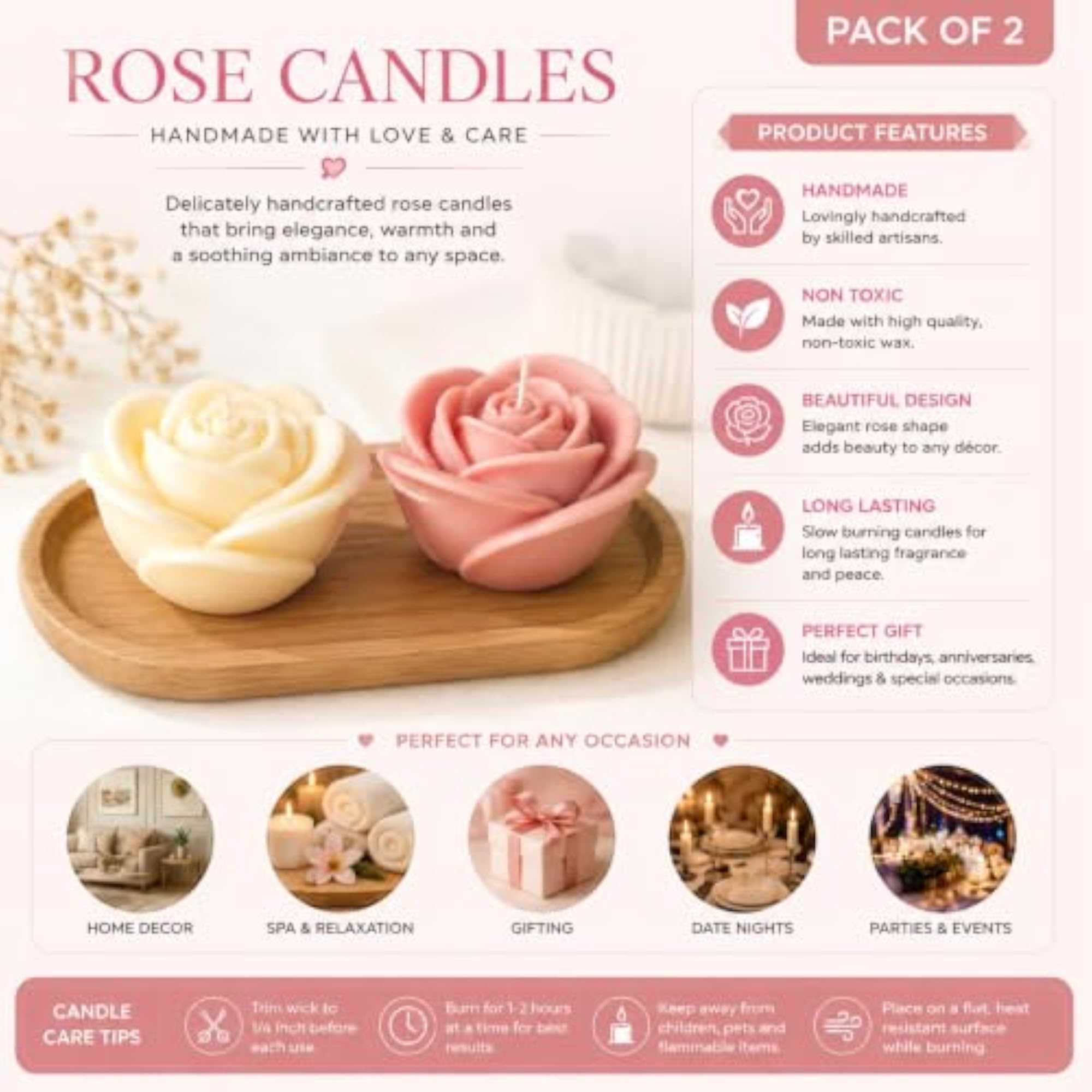 Rose Flower Shaped Scented Wax Candles, Decorative Gift Set