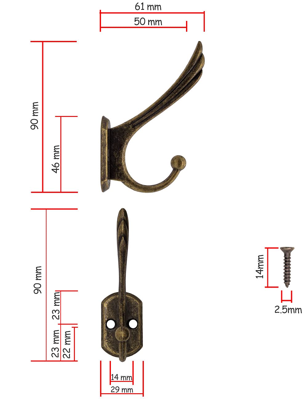 FUXXER® - Ganchos macizos para perchero, percheros de sombrero, ganchos de hierro, diseño de bronce de latón, juego de 5.