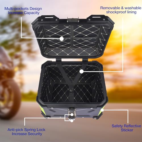 GLOSSY AUTO PARTS Schwarzer 45L Universal-Motorrad-Topcase, wasserdichte Aluminium-Motorrad-Kofferraum-Topbox, Dual-Key Storage Carrier Case, Kofferraum Tour Tail Box für Store Helm