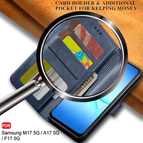 Image of TheGiftKart Flip Back Cover Case for Samsung Galaxy M17 5G / A17 5G / F17 5G | Dual-Color Leather Finish | Inbuilt Stand & Pockets | Wallet Style Flip Back Case Cover (Faux Leather, Blue & Sky)