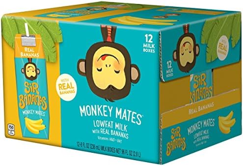 Sir Bananas Monkey Mates, Bananamilk, 8 oz (12 ct), Low Fat Milk with Real Bananas in Individual, Single Serve Milk Box Cartons Ready to Drink, with 8 Grams of Protein