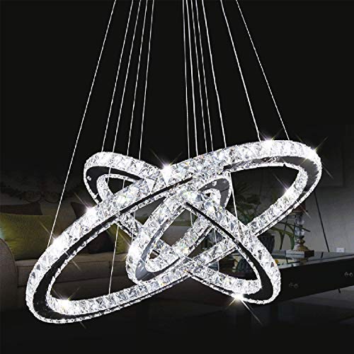 Ganeed Modern Crystal Chandelier Lighting Ceiling Dining Room Living Room Chandeliers Contemporary LED Light Fixtures Hanging 3 Ring Foyer Girls Bedroom Pendant Lights,Cool White