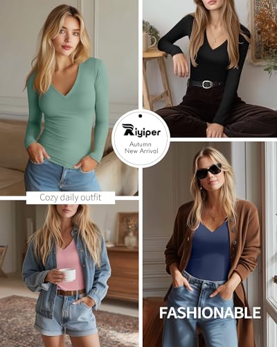 Riyiper 4 Pack Women's Deep V Neck T-Shirts, Long Sleeve Cotton Slim Fitted Tee Tops Casual Fall Basic Tee Shirts3