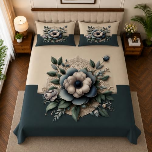 Image of 7D Digital Printed King Size Bedsheet with 2 Pillow Covers | Soft Premium Cotton Feel Microfiber Double Bed Bedsheet | Breathable, Wrinkle Free & Fade Resistant | (Floral, KingSize-225x250CM)