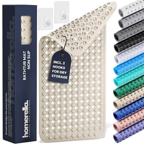 Bathtub Mat Non Slip 35x16 - homerella® Bath Mat Incl. Hooks for Drying, Extra Long, 100% BPA Free, Shower Mat Non Slip Anti Mold, Machine Washable, Shower Mats for Inside Shower Mildew Resistant