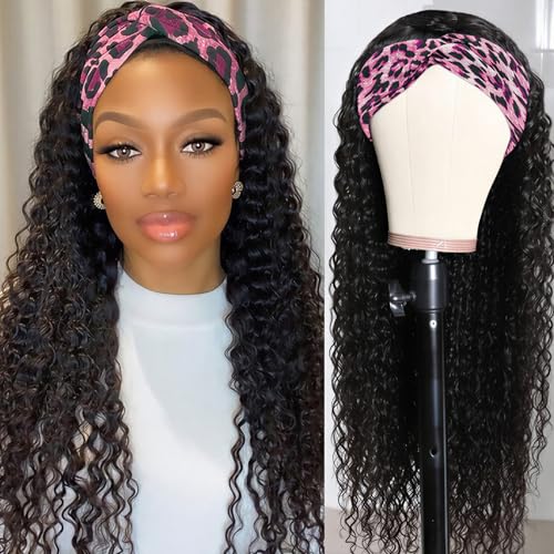 Image of Headband Wig Human Hair Deep Wave Human Hair Curly Headband Wig 150% Density Wear and Go Glueless None Lace Front Wig Machine Made Wigs for Black Women Natural Color 26Inch