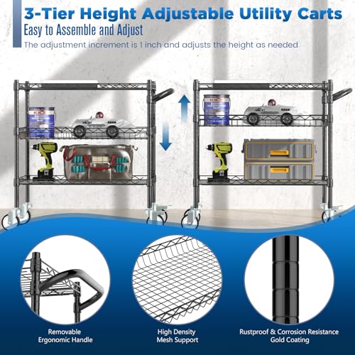 Image of Leteuke 3 Tier Rolling Carts with Wheels, Heavy Duty Rolling Utility Cart