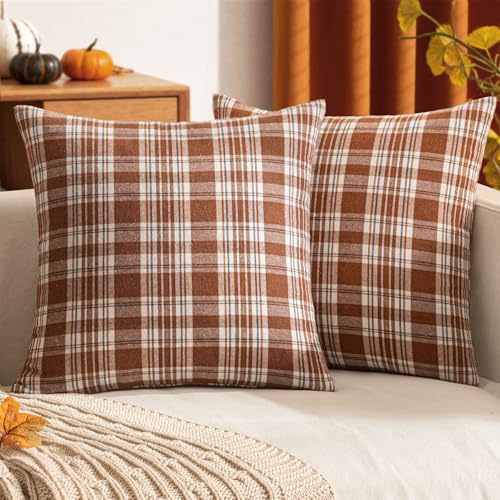Woaboy Set of 2 Scottish Tartan Plaid Throw Pillow Covers Farmhouse Classic Plaid Decorative Square Cushion Cases Fall Autumn Christmas Home Decor for Sofa Couch Livingroom 20x20 Inch,Brown and White