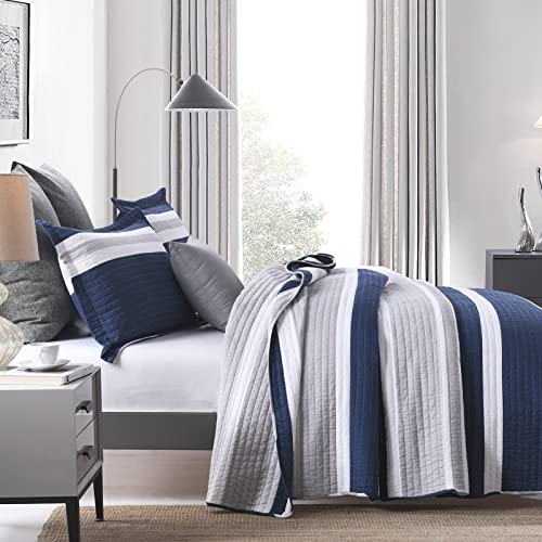 Finlonte Quilts Queen Size 100% Cotton Queen Size Quilt, Navy Blue Striped Queen Quilt, Lightweight Soft Queen Quilt Sets For All Season, 3 Pieces #TOP2