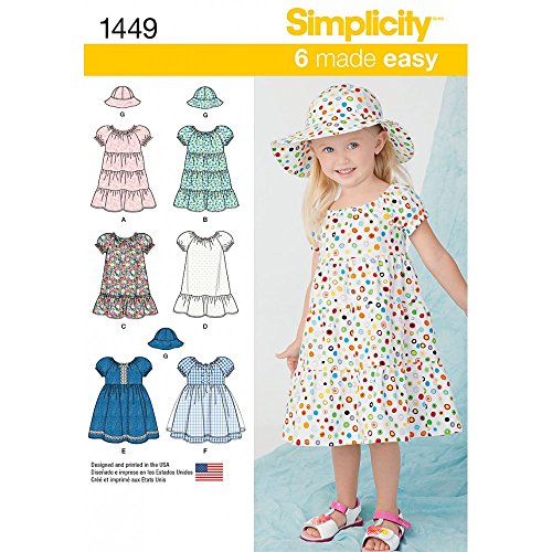 Simplicity 1449 Easy to Sew Toddler Girl's Dress and Hat Sewing Patterns, Sizes 2-4