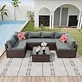 CARPETNAL 7 Pieces Patio Furniture Sets, Outdoor All-Weather Sectional Patio Sofa Set PE Rattan Manual Weaving Wicker Patio Conversation Set with Glass Table&Thick Cushions and Pillows, Grey.