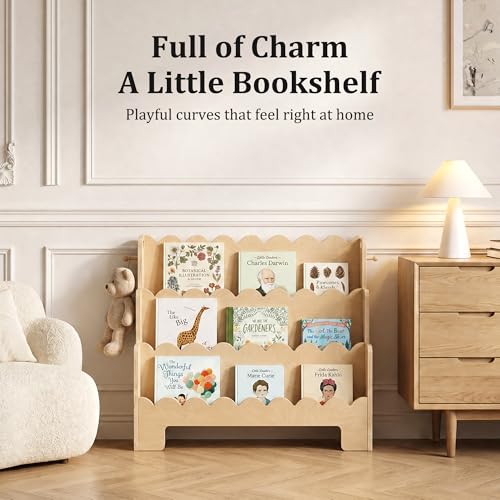 Image of Scalloped Kids Bookshelf, 3-Tier Wooden Bookshelf for Kids' Room, Toddler Book Organizer and Montessori-Style Bookcase Display Shelf for Nursery, Bedroom, Playroom and Reading Corner