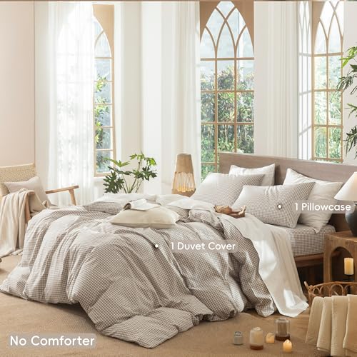 Image of MooMee Gingham Duvet Cover Set 100% Washed Cotton Linen Like Textured Breathable Durable Soft Comfy Modern Checkered Design (Mini Gingham Tannish Linen Grey, Twin 68 inchx90 inch)