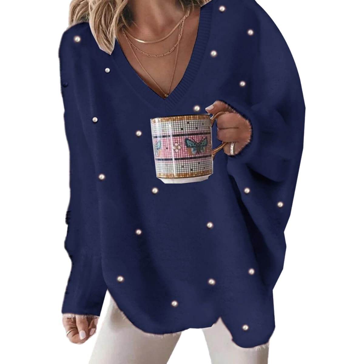 Chvity Long Sleeve Beaded Sweater for Women Fall Winter Fashion Loose Soft V Neck Casual Vacation Party Knitwear