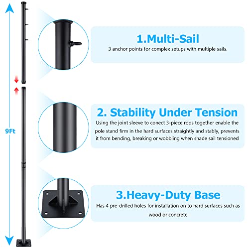 Brillihood 9ft Sun Shade Sail Pole Kit - Extends to 9 Feet with 3 Fixed Points for Shade Sail Canopy, Heavy Duty Steel Post Stand for Outdoor String Lights, Patio, Backyard, 2-Pack - Thumbnail 2