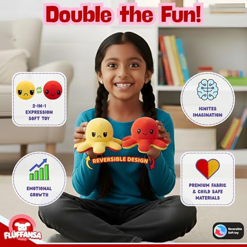 Image of Reversible Octopus Soft Toy for Kids | Best for Valentine & Birthday Gift | Stuffed Animal Plushie for Baby Boys and Girls | Flip Plush Toy for Adults | Red & Yellow