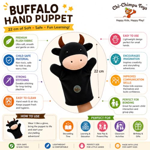 Image of Buffalo Hand Puppet for Kids | Soft Plush Animal Puppet | Educational Storytelling Toy | Interactive Role Play | Preschool Learning | Gift for Boys & Girls