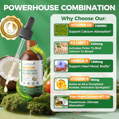 Mulittea 2 Pack Vitamin D3 K2 Liquid 10000 IU w MK7 Omega 3 and MCT Oil - image 2