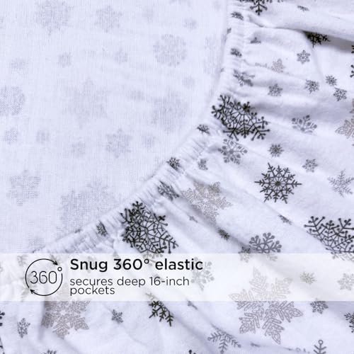 Image of Briarwood Home Printed Flannel Sheet Set, 100% Natural Cotton, Soft, Warm & Deep Pocket, Advanced Nano-Tech Making it Resistance to Pilling; Brushed 6 Times for Softness (Snowflakes, King)