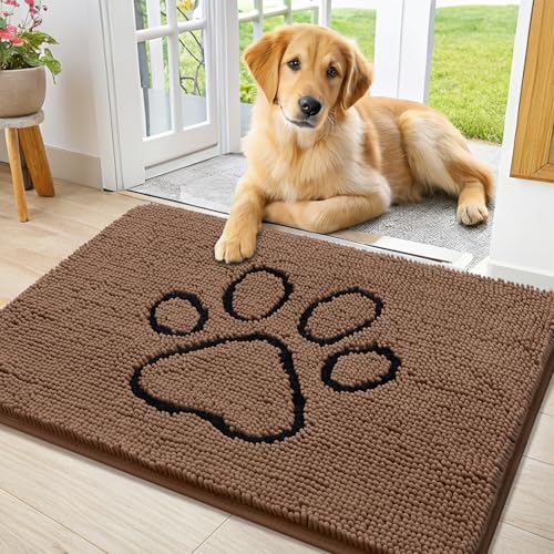 Image of Smiry Dog Door Mat for Muddy Paws, Absorbent Dirt Trapper Non Slip Quick Dry Washable Chenille Mat for Mud Dogs, Entry Rug for Indoor and Outdoor (36x24 Inches, Coffee and Black)