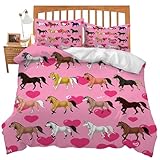 UIAMT Horse Bedding Set Twin Queen King Full Size Farm Animal Comforter Set for Lover Kids Teens Boys Girls Man Women Bedroom Decor Heart Cozy Quilt Bedspread Love Bed Duvet Cover Gifts 68'x90'