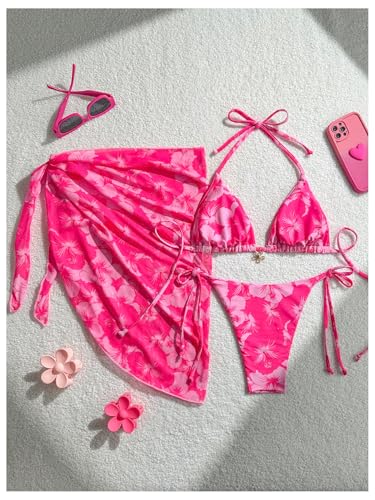 Verdusa Women's 3 Piece Floral Halter Triangle Bikini Set Tie Back Swimsuit with Cover Up Skirt2