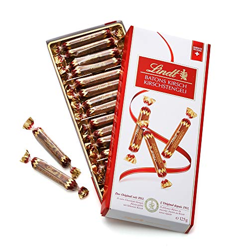 Lindt Schokolade Batons Kirschstengeli | 125 g | 16 Vollmilchschokoladestengli gefüllt mit flüssigem Schweizer Kirschlikör | Pralinengeschenk mit Alkohol | Schokoladengeschenk