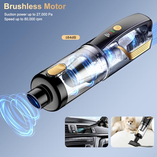 Image of RABIGALA 4-in-1 Cordless Handheld Car Vacuum Cleaner with 12V 5M Cigarette Lighter Adapter Cable, 27000Pa, 2 Speeds, 80000rpm Brushless Motor, Rechargeable Portable Car Vacuum Cleaner for Car and