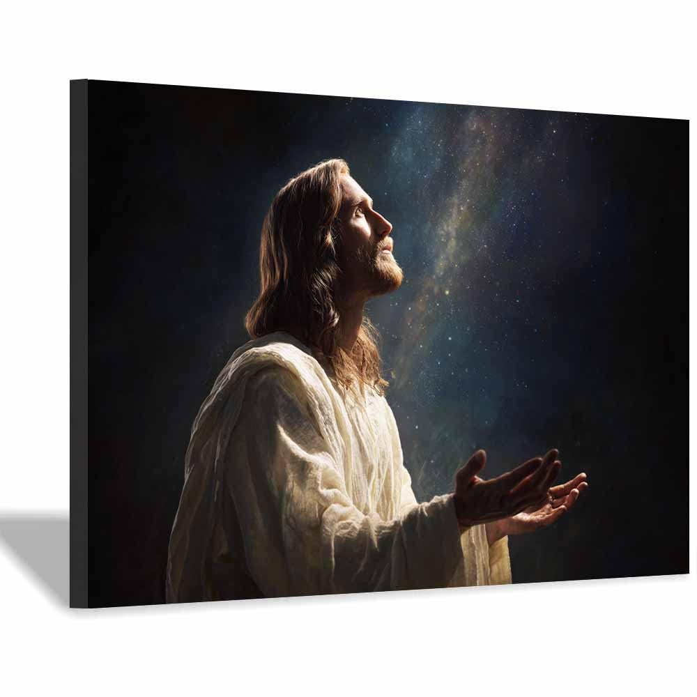 ZAMAEIU Jesus Canvas Wall Art Praying under thes starry sky large mural decoration,Catholic home decor for Church Office Living Room Bathroom Inspiration Room(white)-80x120cm Framed