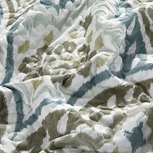 Home Soft Things Tivoli Ikat Queen Size 90" X 90" 5 Piece Teal Aqua Printed Prewashed Quilted Coverlet Bedspread Bed Cover Set For All Season, Lightweight Quilt Blanket With Matching Shams Pillows #TOP7