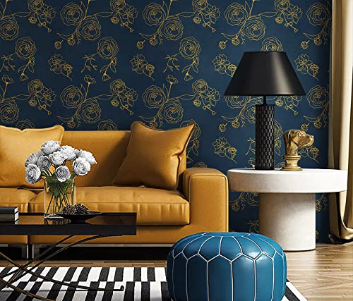118"X17.3" Peel And Stick Wallpaper Gold And Blue Contact Paper Dark Blue Wallpaper Removable Wallpaper Floral Contact Paper For Walls Covering Vinyl Rolls #TOP5